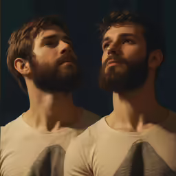 two men with beards looking to the sky