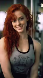a young lady with red hair and a tank top smiling,a red headed woman posing for the camera