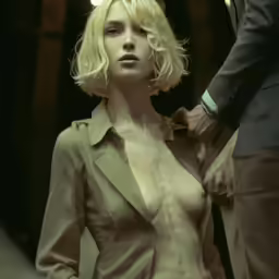 a naked woman with blonde hair standing next to a man