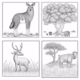 four images in black and white, with some animals