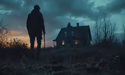 the man is standing on the hill in front of a house