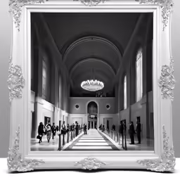 a framed photo of people standing in front of a large building