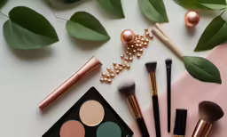 a close up of different makeup items on a table