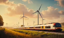 a train driving past wind turbines on top of a field,a train on the tracks in front of a bunch of windmills