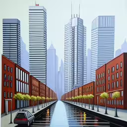 a painting of some kind of city with tall buildings