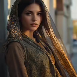 a young woman is wearing a scarf on the street