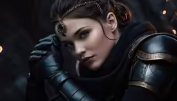 a woman in leather clothes, gold chain hair clips and gloves