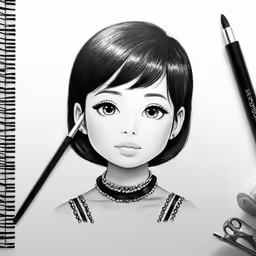 a pencil is next to a drawing of a girl with scissors