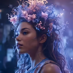 a woman with flowers in her hair