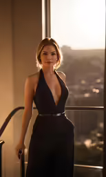 a woman with a black dress and heels