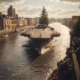 the large military ship is crossing the river