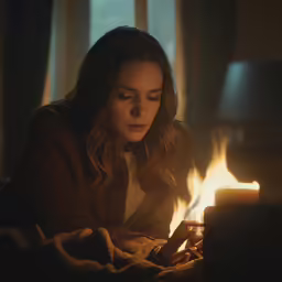 woman in bed holding a lit candle looking at it