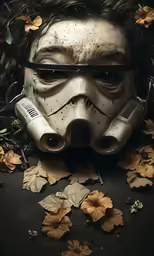 star wars character storm trooper with mask surrounded by autumn flowers