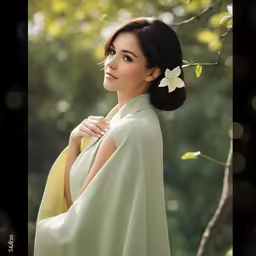 an attractive lady wearing a yellow robe and flower in her hair