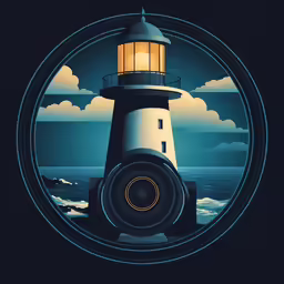 an illustration of a light house with a sky background