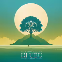 a tree on top of an island near a large moon,a poster with the word,