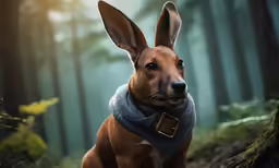 the brown dog is wearing a harness on his neck