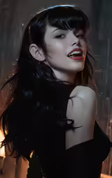 a girl with dark hair is standing under a shower