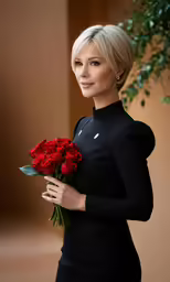 a woman with short blond hair holding two red roses