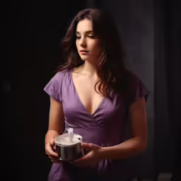a woman in a purple dress holding a container