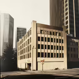 a street corner with a building and several tall buildings