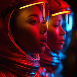 two asian models, one wearing head - coverings and glowing bright eyes