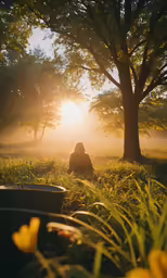 a person sitting down under a tree in the sun
