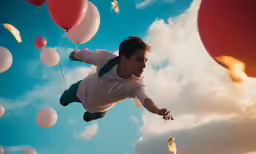 the man is flying through the air with balloons