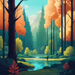 a painting of a forest with trees and water,the man is walking alone through a beautiful woods