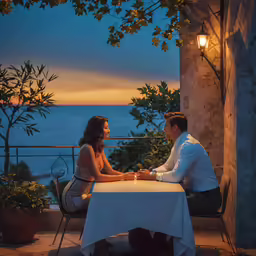 two people sitting outside at an outdoor dining table with their hands on each other