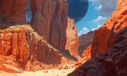 a landscape image with red rocks, grass, and a small island