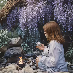 a woman sitting on rocks with a can by her side