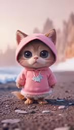 an adorable kitten wearing pink clothes on the beach