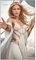 a woman is dressed in white and gold with long hair