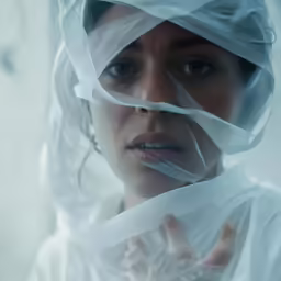 a woman with a white wrap over her head and eyes