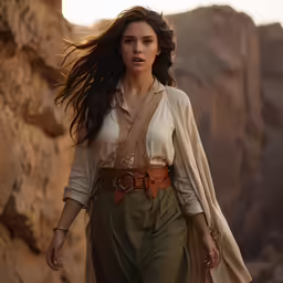 a woman wearing a long jacket and belt walking along a mountain side