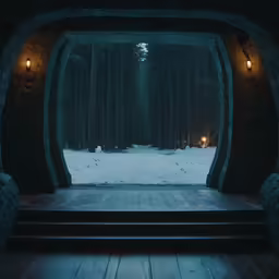 snow in the woods, lights shining through a doorway