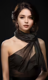 a young woman wearing a top with sheer fabric and gold hoop earrings