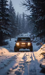 the jeep is traveling through a forest full of trees