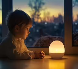 a young child sits alone looking at a small illuminated ball