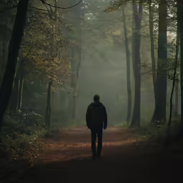 a person walking down a trail in a forest