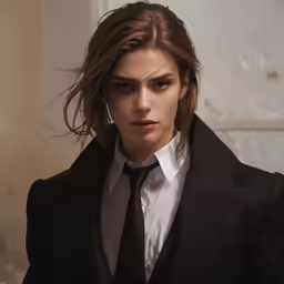 young woman in black suit and white shirt posing