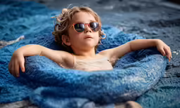 a kid with sunglasses sitting on a towel