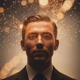 the man is looking down at the camera with fireworks coming from his eyes