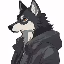 a wolf with brown eyes and black leather jacket