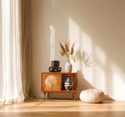 a brown and black clock sitting on top of a wooden dresser