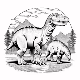 two dinosaurs, one is walking away from the other,two dinosaurs standing in front of the mountains
