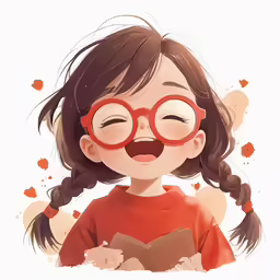 a little girl with red glasses, looking over her shoulder