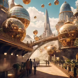 people walking across an old fashioned city with gold domes
