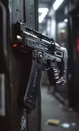 an automatic rifle is mounted to a wall